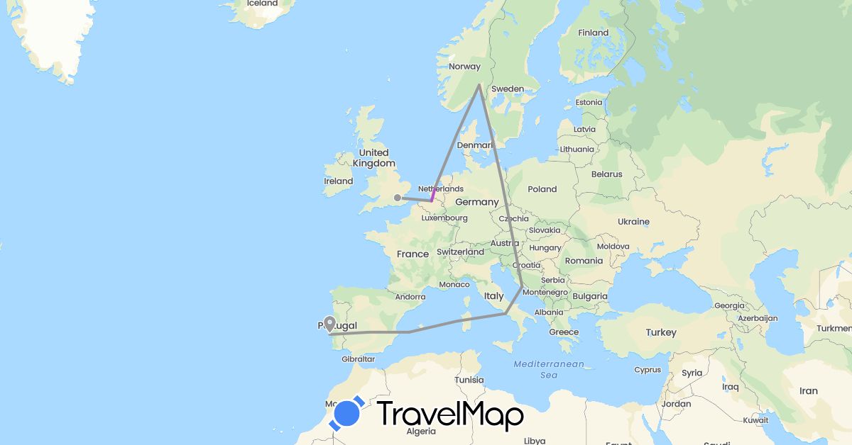 TravelMap itinerary: driving, plane, train in Belgium, Spain, United Kingdom, Croatia, Italy, Netherlands, Norway, Portugal (Europe)